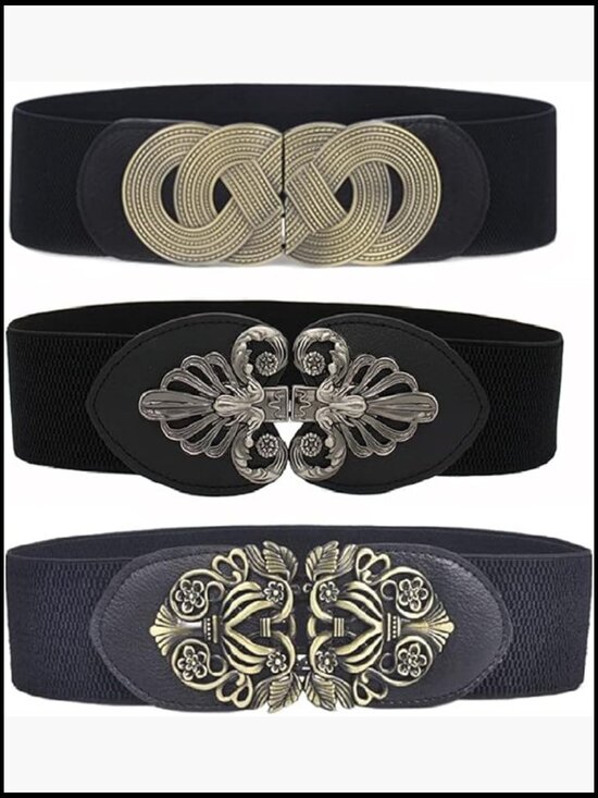 3 Pack Vintage Wide Elastic Stretch Waist Belt Set - Metal Buckle main image 5